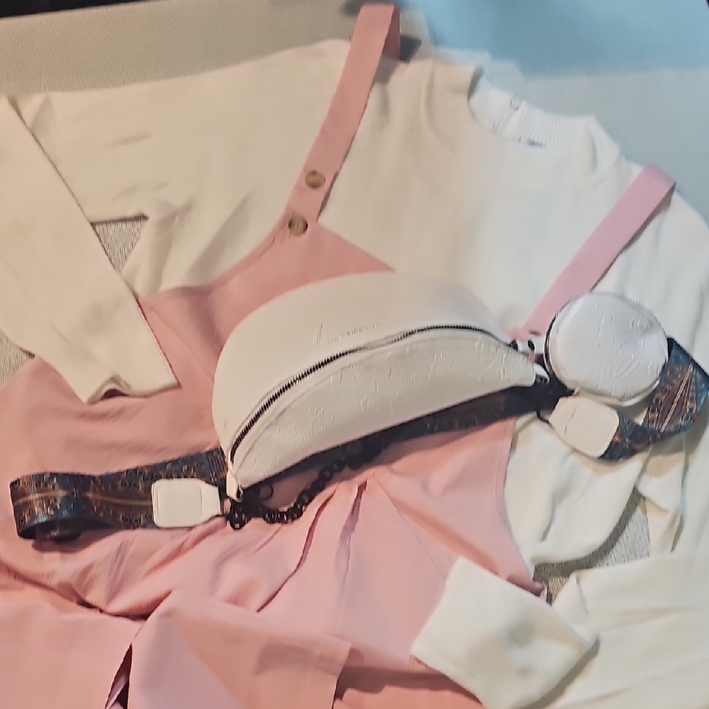 Sarah Bently sweater paired w/pink rayon jumper and stylish crossbody bag (5pc)